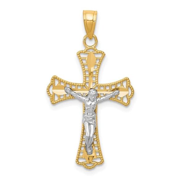 10K Yellow Gold w/Rhodium Diamond-Cut Crucifix Pendant